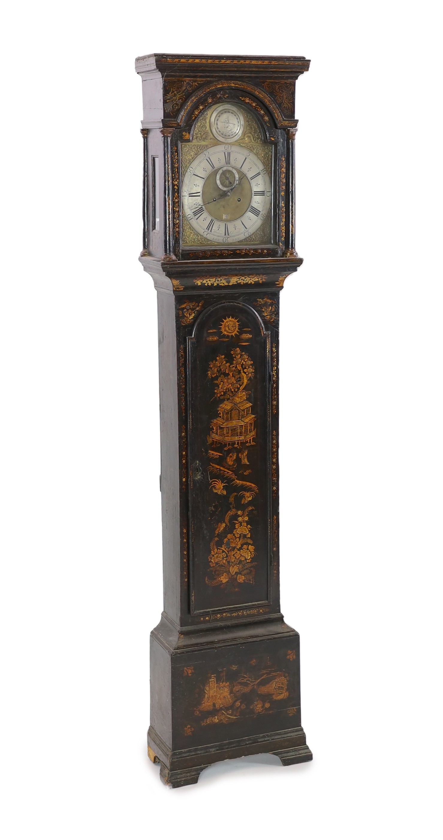 Thomas Clinch of London. A black japanned eight day longcase clock, width 46cm height 218cm